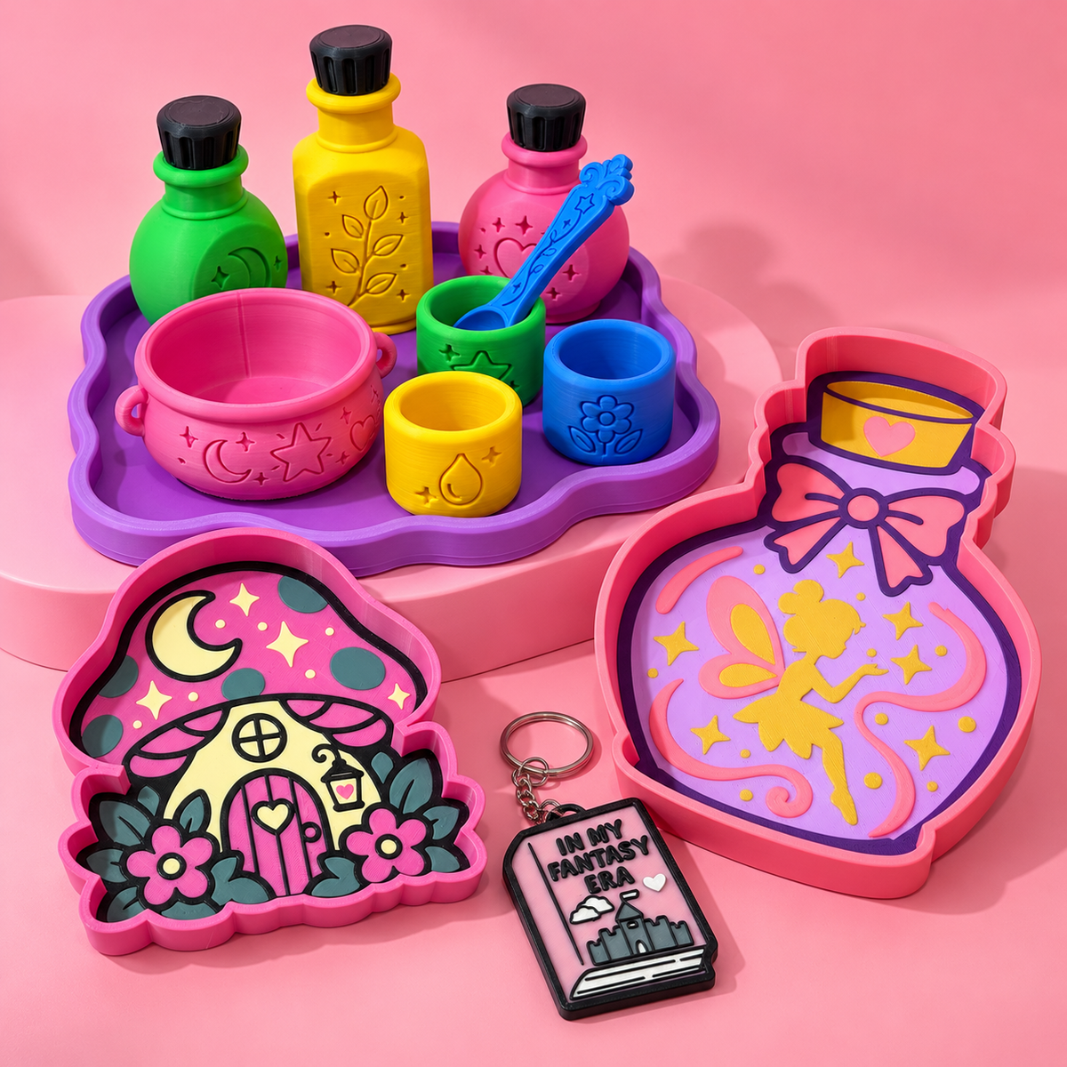 Fantasy and magical 3D printed gifts including colourful potion trays, fairy designs and whimsical accessories by Printed To Stick.
