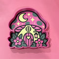 Mushroom House 3D printed catch-all tray in pink, yellow, sage green and black