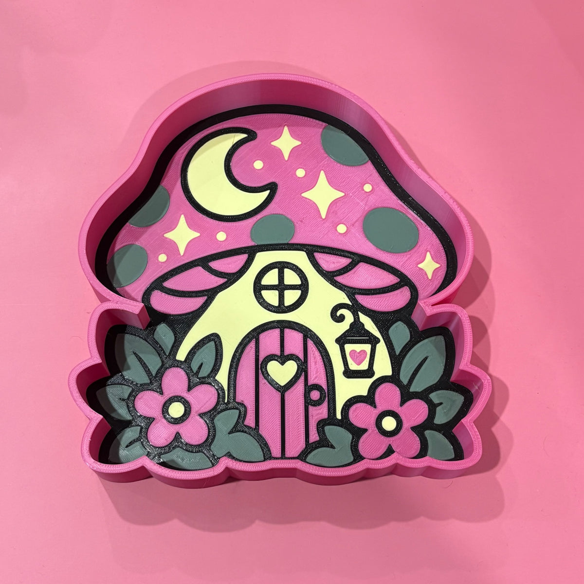 Mushroom House 3D printed catch-all tray in pink, yellow, sage green and black