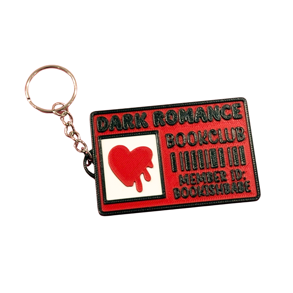 3D printed dark romance book club library card keyring in red and black with dripping heart design