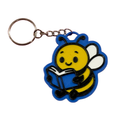 3D printed Reading Bee keyring with a yellow bee holding a blue book on a blue outline background