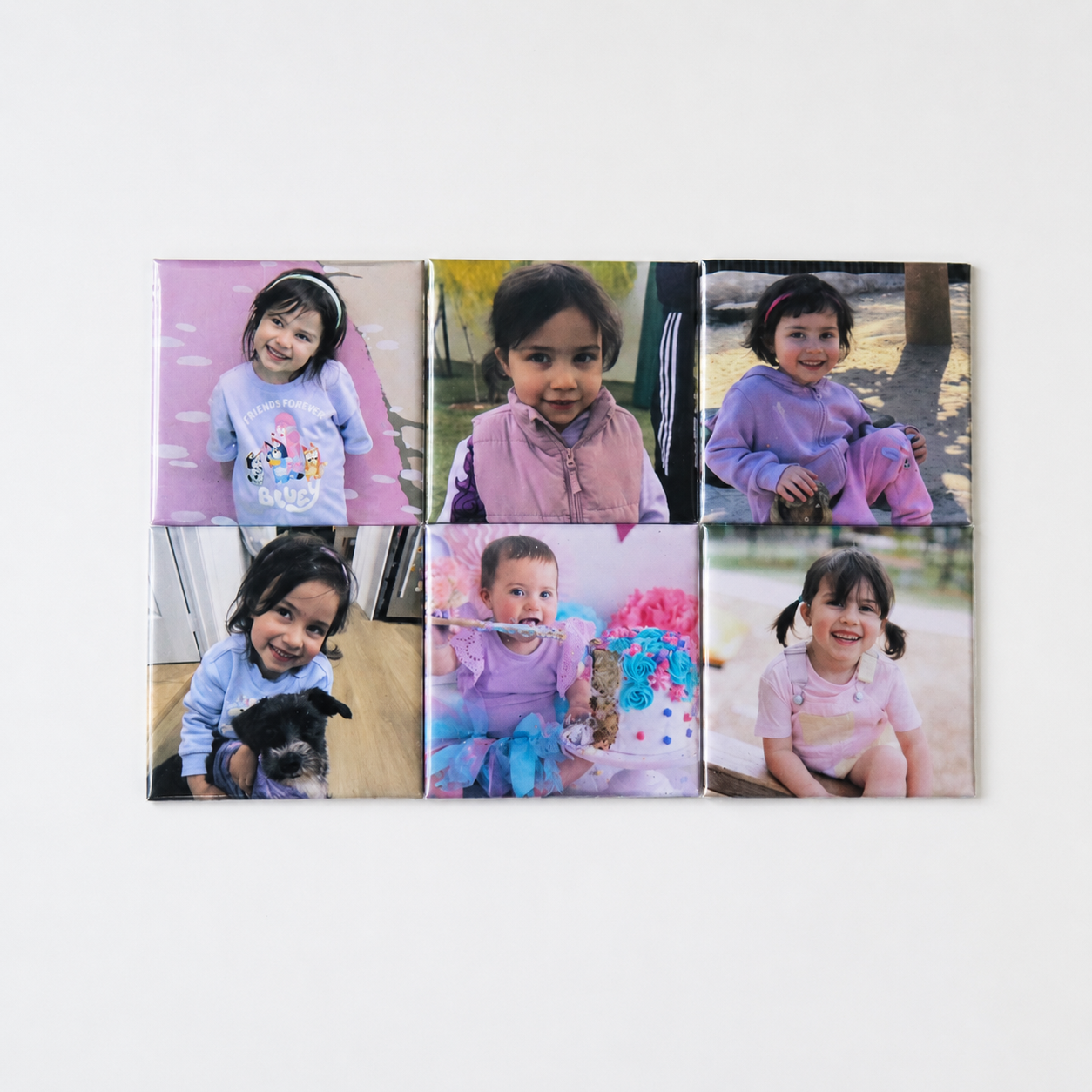 Set of 6 custom square photo fridge magnets flat lay with kids portraits – 50mm – Printed To Stick"