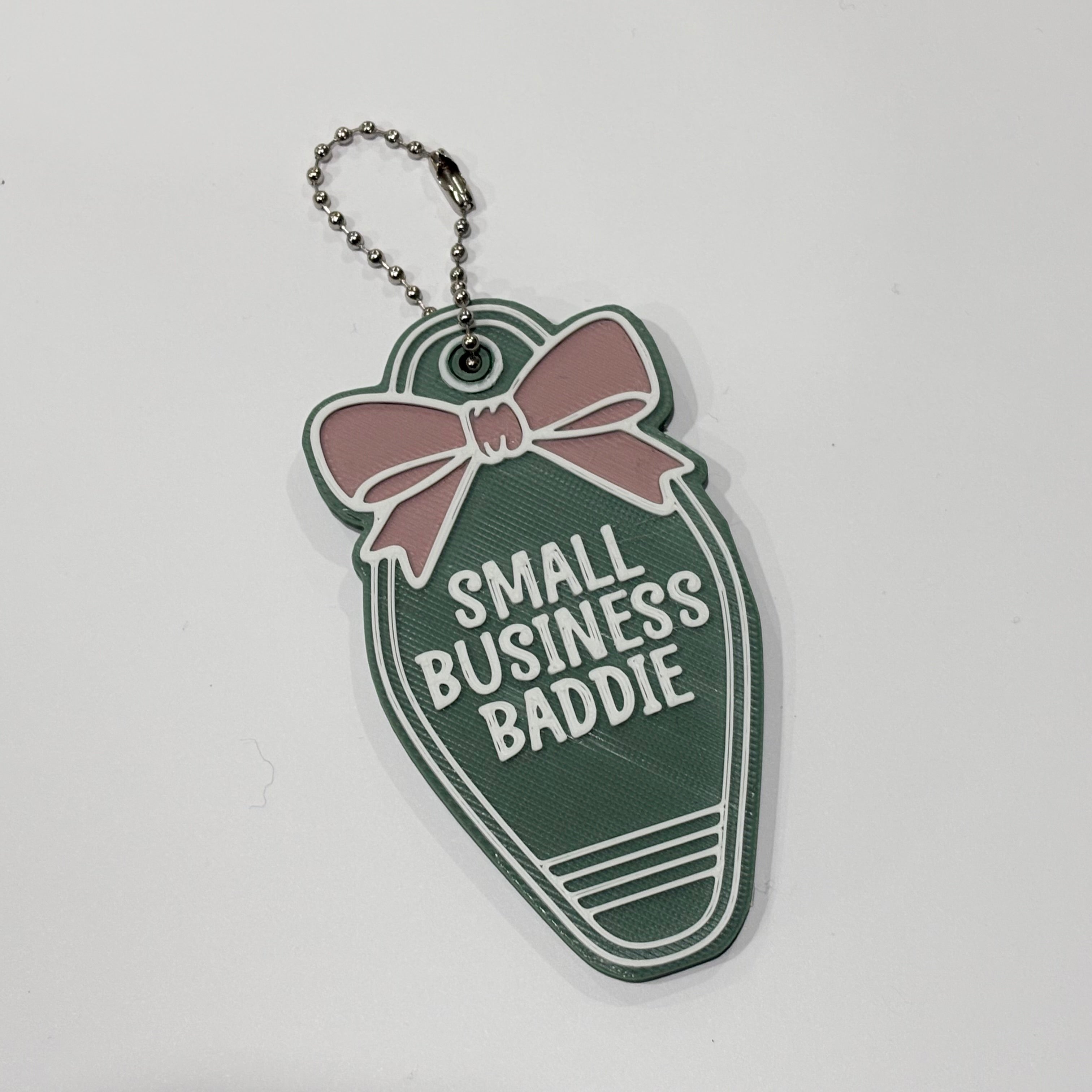 Small Business Baddie Keychain – Sage Green (Dusty Pink Bow)