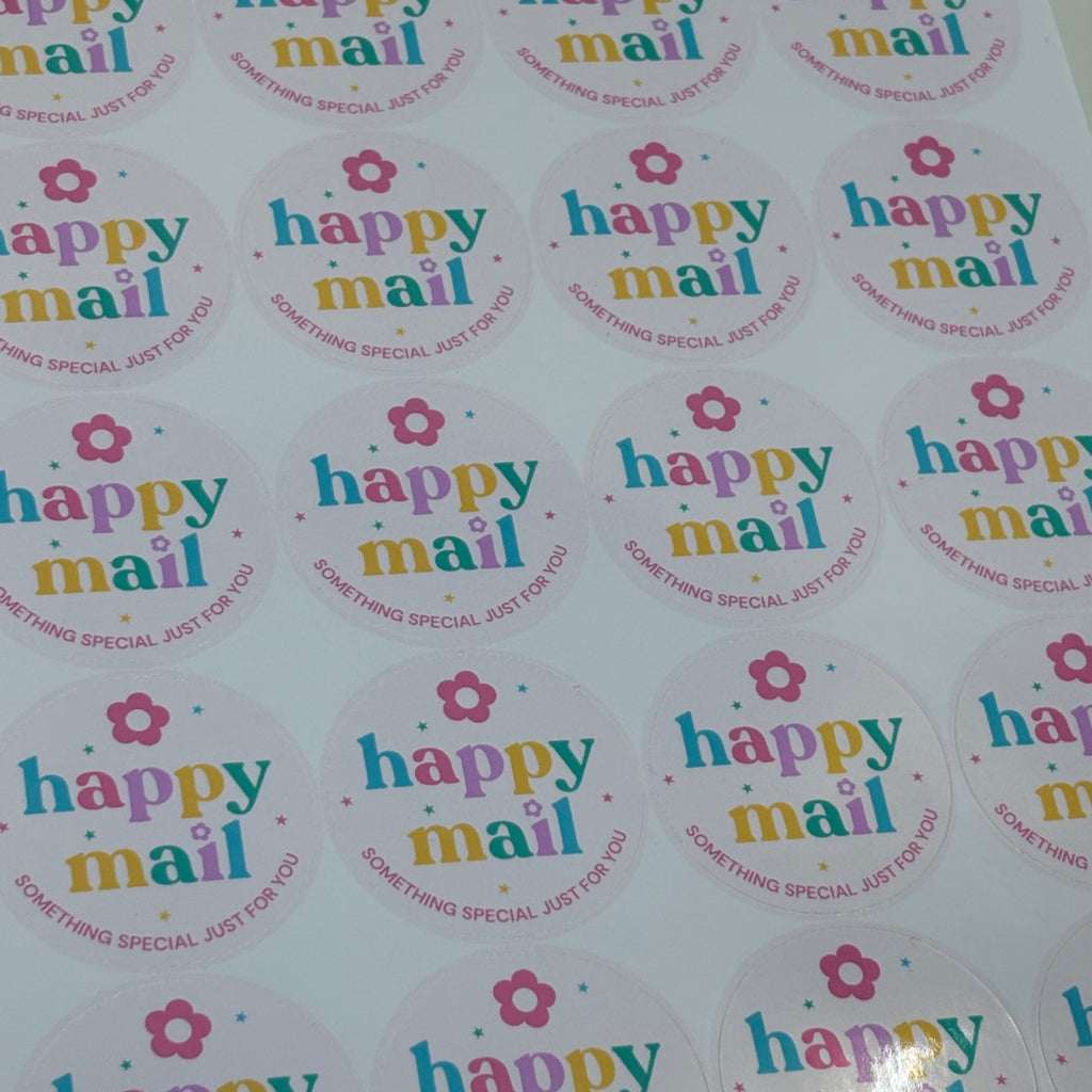 Happy Mail Stickers | 1.5" Glossy Packaging Stickers | 24 Per Sheet