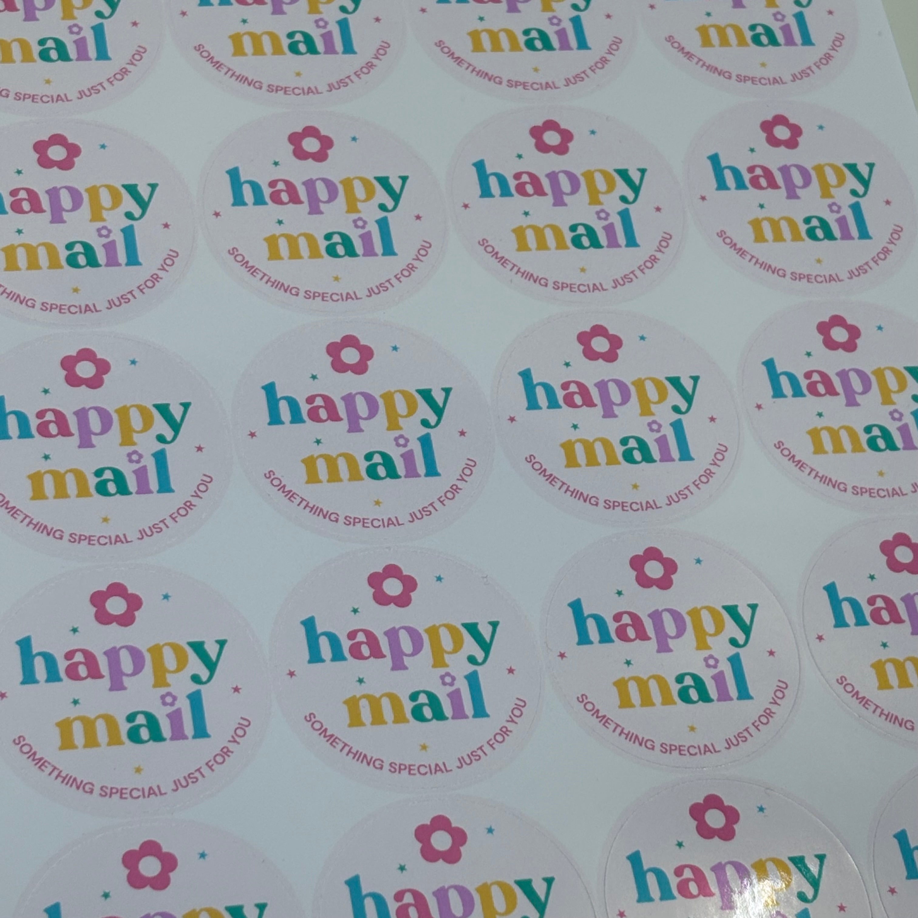 Happy Mail Stickers | 1.5" Glossy Packaging Stickers | 24 Per Sheet