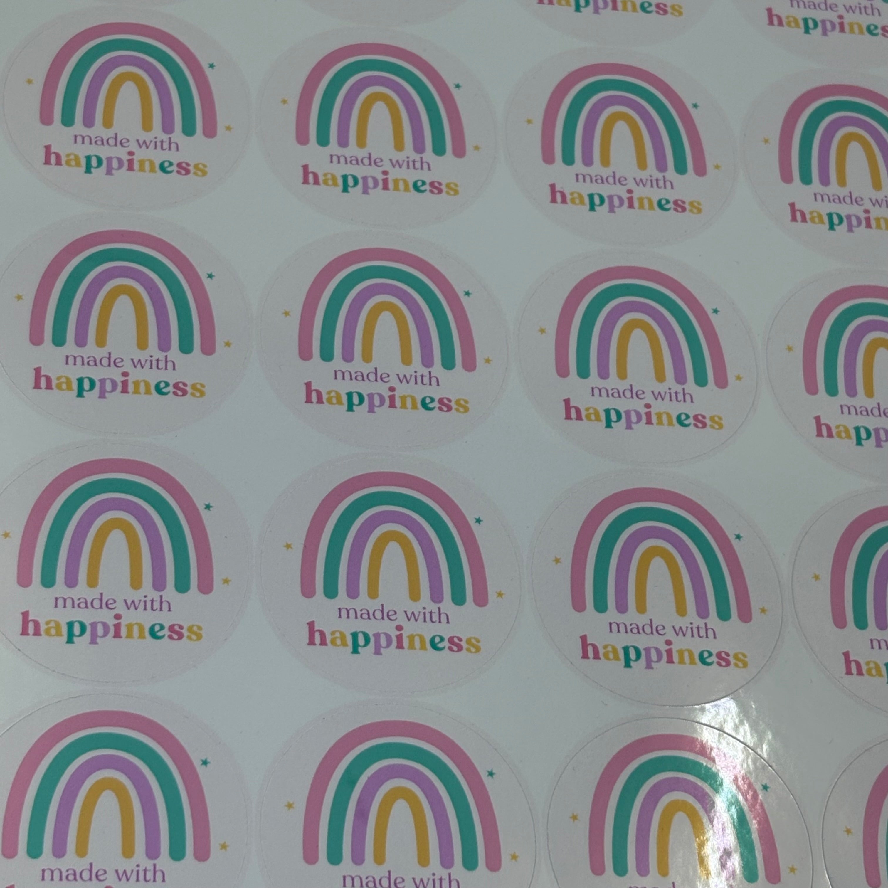 Made With Happiness Stickers | Rainbow Packaging Stickers | 1.5" Glossy Labels