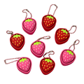 Flat lay of red and pink 3D printed Strawberry Clicker fidget keychains with ball chain attachments.